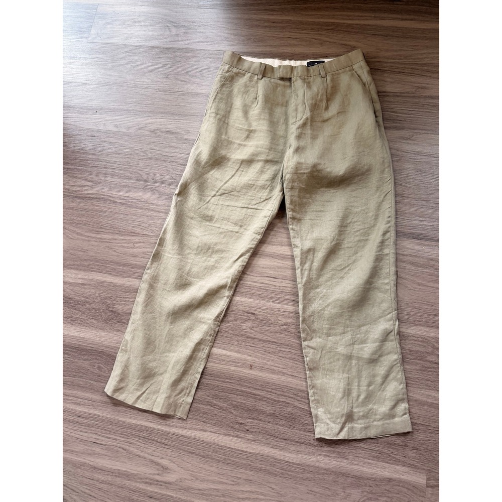 H&M Mens Relaxed Fit 100% Linen Pleated Trousers Tan 30R Neutral Minimalist Chic - Picture 4 of 9